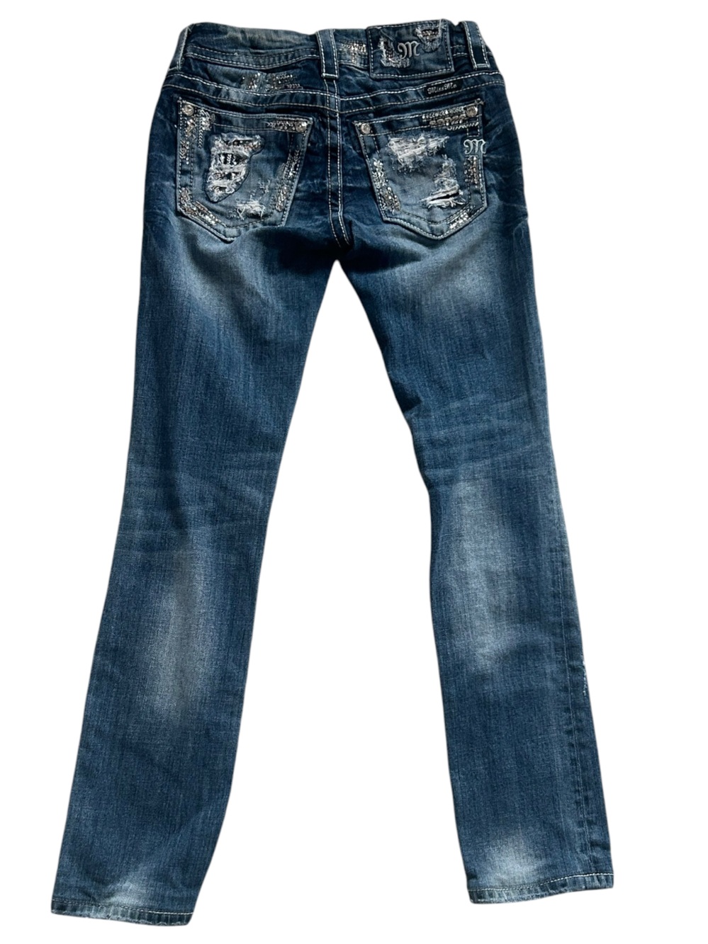 Miss Me Signature Straight Distressed Embellished Dark Blue Wash Denim Jeans - Picture 5 of 11